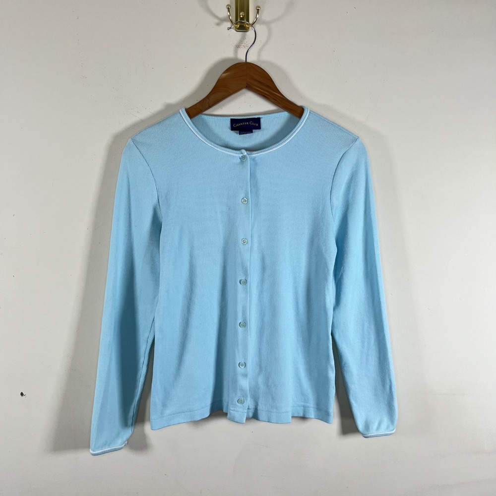 Charter Club Pima Cotton Blend Cardigan Sweater Pastel Blue Ribbed Preppy Small